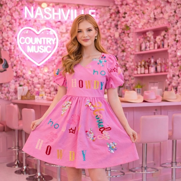 NEW blue b Pink Multicolor Sequin Howdy Puff Sleeve Western A Line Mini Dress S - Picture 3 of 5